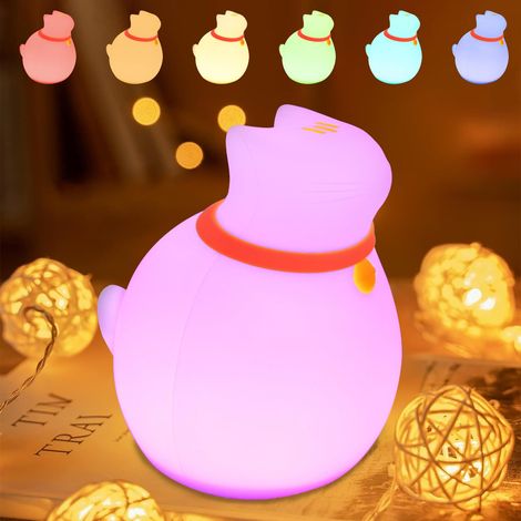 Veilleuse chat à 7 couleurs changeantes, lampe de chambre d'enfant en silicone rechargeable avec minuterie et 3 modes pour chambre (1/5)