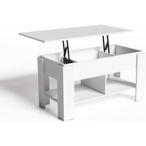 FurnitureR ELOT White 96 Piastra di Sollevamento, Regolabile in Altezza, caffè per Soggiorno, Salotto, tavolino allungabile, con vano portaoggetti Nascosto, in Legno, Colore: Bianco, 96X50X48-63CM (1/5)