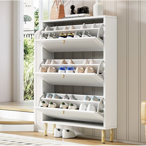 Mueble zapatero estrecho con tres puertas ranuradas OKMYHOME (1/5)