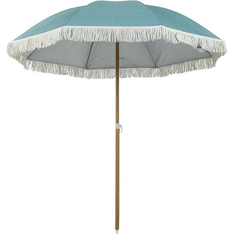 Parasol de plage mât effet bois grand parasol à franges réglable en hauteur UPF50+ protection solaire sac de transport léger inclus Ø 1,7 m bleu clair (1/5)