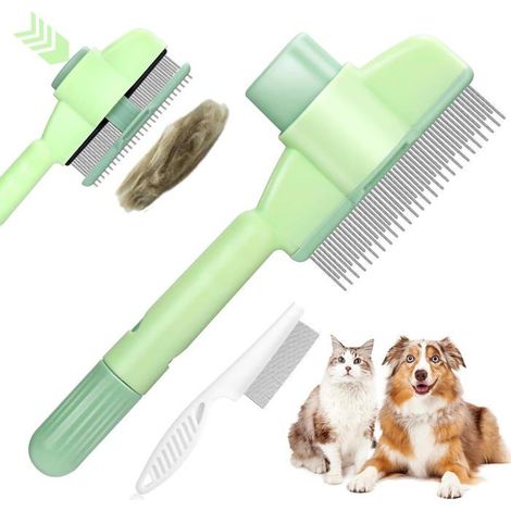 Peigne autonettoyant pour animaux - Peigne anti-puces pour chats - Brosse autonettoyante pour poils longs et courts - Vert (1/5)
