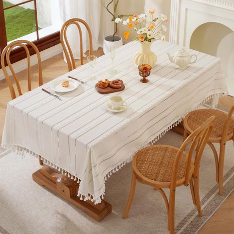 Nappe Carrée Anti Tache Coton et Lin Nappe Impermeable Elegante Table Cloth pour Décoration Cuisine,Table Basse,Restaurant(Blanche Rayée,140 x 140cm) (1/5)