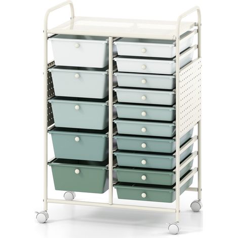 15-Drawer Rolling Storage Cart with Metal Top & Pegboard