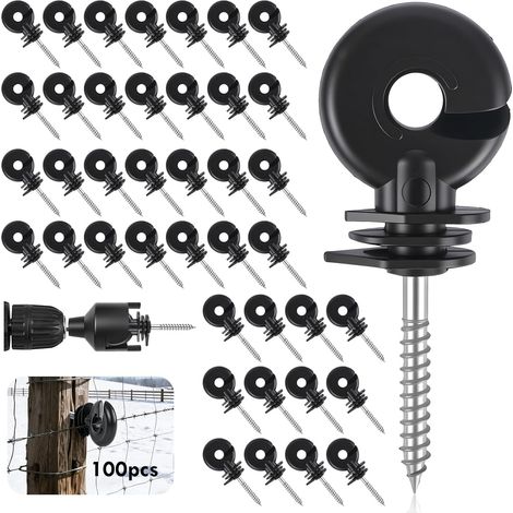 Lot de 100 isolateurs à anneau de 90 mm pour clôture électrique, avec clé de montage – Isolateurs à visser pour piquets (adaptés aux cordes) (1/5)