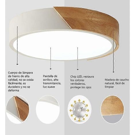 Plafonnier en bois 12W, lampe de plafond ronde moderne en bois, blanc froid 6500K, lampe de plafond d'intérieur mince, diamètre 23 x 5 cm, convient pour le salon et la cuisine. (1/4)