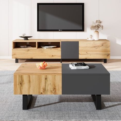 Table basse moderne coulissante, rangement caché, bois & métal, 155×55×40 cm (1/5)