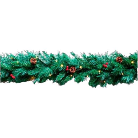 Boa navideña con decoración de piñas y bolitas rojas 30leds 180cm