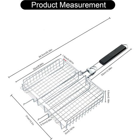Panier de barbecue, barbecue portable avec poignées en bois amovibles, accessoires de barbecuePanier de barbecue, adapté pour griller du poisson, des crevettes, des légumes, 32 x 25 x 5,5 cm