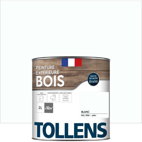 Peinture bois extérieur 2 en 1 - Ultra Résistante et économique - TOLLENS - Satin - Blanc RAL 9016 - 2L=32m2