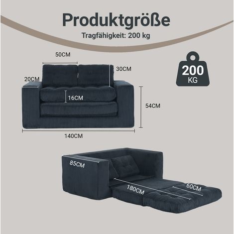 2-Sitzer Schlafsofa 140x85x54 cm schwarz, 2-in-1 faltbar aus Cordstoff, ohne Montage MEUBLIV (1/5)