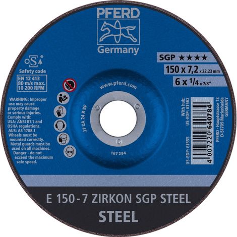 PFERD TOOLS Schruppscheibe E 150x7,2x22,23 mm ZIRKON Speziallinie SGP STEEL für Stahl