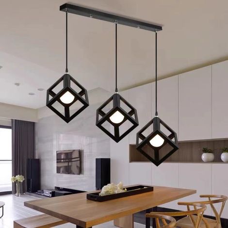 Luminaires pour restaurants petites suspensions, lampes de table/lampes de bar suspension à trois têtes en fer forgé noir, composée de trois panneaux lumineux carrés et fins. Ampoules LED tricolores (1/3)