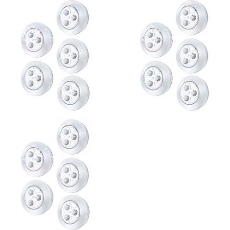 Paquete de 15 luces LED inalámbricas con alimentación por batería, tipo pulsador, para pasillo, cocina, dormitorio y baño.