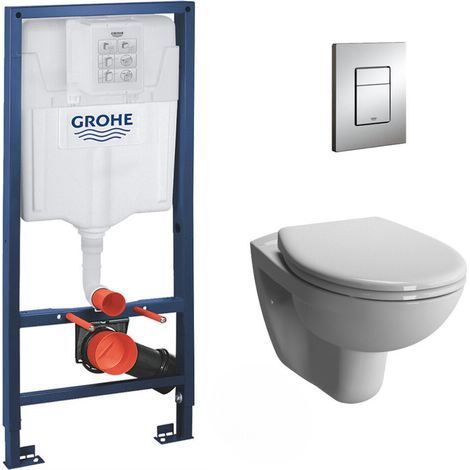 Grohe Pack WC Bâti-support Rapid SL + Vitra Normus WC suspendu sans bride + Abattant frein de chute + Plaque Chrome