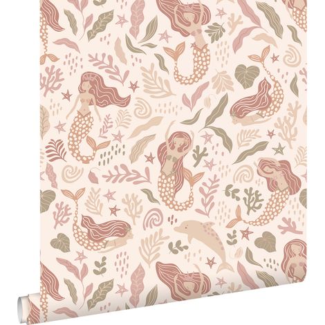 papier peint sirènes beige, rose et vert  - ESTAhome