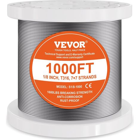 Kit Câble Acier Inoxydable 1/8 1000 ft avec Coupe-Câble et Gants, Résistance 1600 lbs, Construction 7x7, Extérieur (1/5)