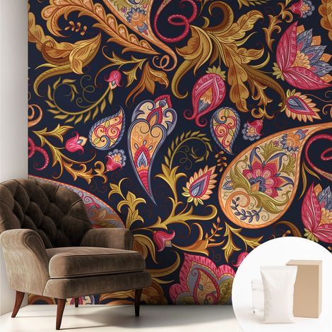 Papier peint intissé mural classique avec imprimé motifs décoratifs design élégant non‑tissé Paisley coloré 250x250 cm (1/5)