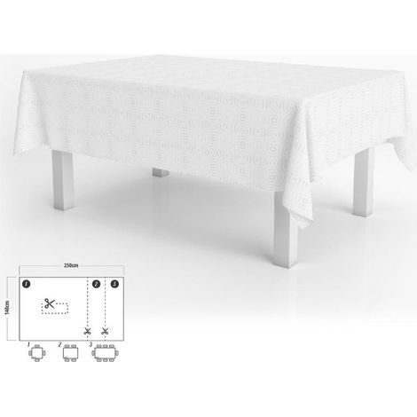 mantel hule muleton rectangular blanco impermeable antimanchas pvc 140x250 cm. recortable uso interior y exterior