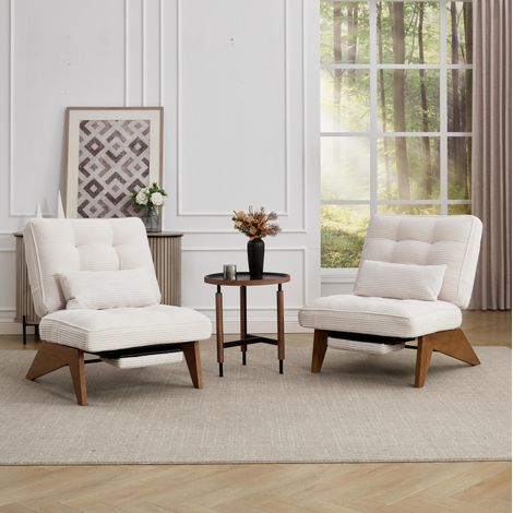 MODFU – Poltrona lounge in velluto a coste beige con schienale regolabile, cuscino lombare e gambe inclinate in legno – Beige (1/5)