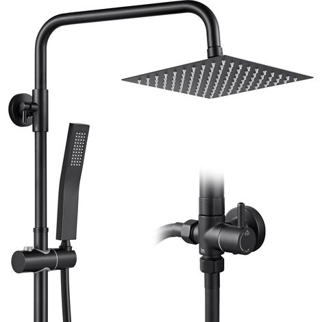 Colonne de Douche Sans Mitigeur Noir Mat en Laiton, Colonne Télescopique 68-108cm avec Tête de Douche Carrée 8", Douchette Carrée et Flexible PVC, pour Baignoire et Salle de Bain (1/5)