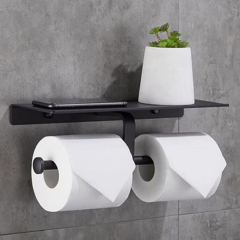 1 porte-rouleau de papier toilette sans perçage, double support, étagère pour smartphone, finition mate noire (1/5)