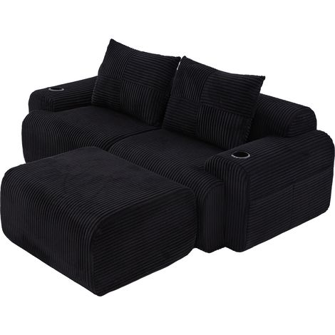 Sofá modular de 2 plazas de pana negra con puf, portavasos y bolsillo lateral (1/5)