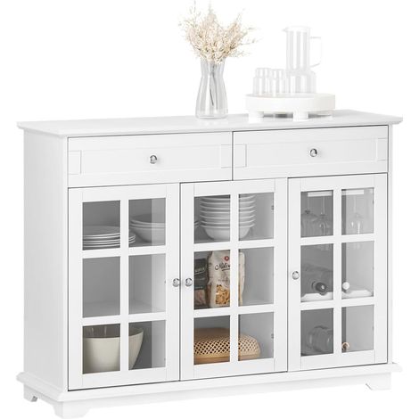 Sobuy – Buffet bas FSB77W – Vaisselier blanc 119x40x90 cm – 3 portes vitrées, 2 tiroirs, capacité 80 kg – Meuble de rangement cuisine/salle à manger