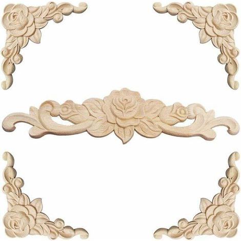 Moulure Decorative Bois 5 Pièces Sculpture Bois Moulure Décorative Bois Applique Moulure Rosace Decorative Floral Bois Sculpte Decal Sculpté d'angle Decoratif pour Décoration Meuble (1/5)