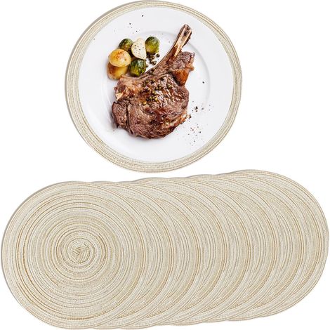 Lot de 8 Table Rond Lavable 38 cm, Heatproof Placemats Set, Dessous de Verre Tissés Ronds en Antidérapant Résistant Chaleur, Dessous de Table Ronde sous Assiette Beige, Napperon Tressé Placemats (1/5)