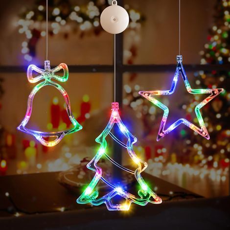 Lot de 3 décorations lumineuses de Noël pour fenêtre, LED multicolore à ventouse alimentée par piles pour sapin de Noël, cheminée, décoration intérieure（Pile non incluse）