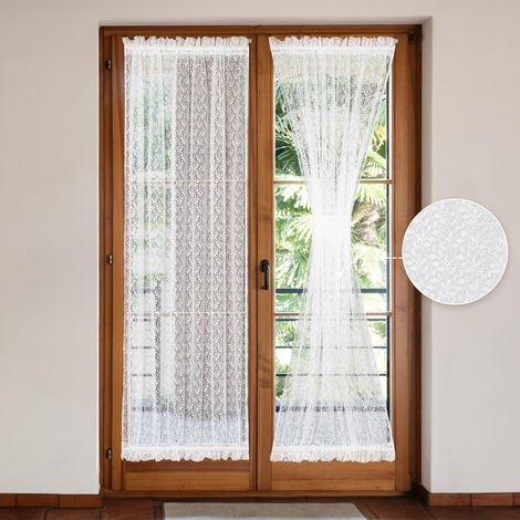 Lot de 2 rideaux transparents blancs pour porte-fenêtre, 132 x 183 cm, voilage en dentelle botanique avec embrasse incluse (1/5)