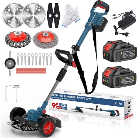 Débroussailleuse électrique sans balais avec batterie et brosse à mauvaises herbes avec 2 batteries 4,0 Ah, 21 V, 5 types de lames, largeur de coupe de 23 cm (bleu A) (1/5)