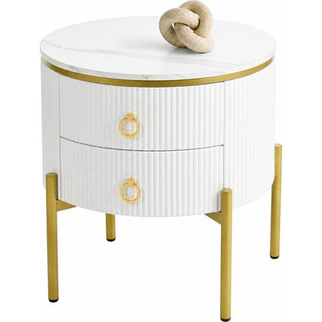 Table d'appoint ronde à 2 tiroirs effet marbre blanc, pieds dorés réglables, en MDF, style chic pour salon et chambre - CHICFURN