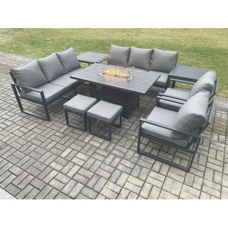 Fimous Aluminium Outdoor Garden Furniture Set Patio Lounge Sofa Gas Fire Pit Dining Table Set with 2 Small Footstools 2 Side Tables Dark Grey (1/5)