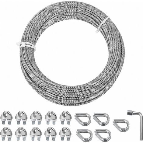 Câble métallique en acier galvanisé 3mm x 15m, structure 7x7 type aviation avec serre-câbles et cosses cœur, pour clôture, abri de jardin, voile d’ombrage et plantes grimpantes (1/5)
