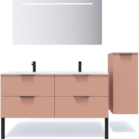 Meuble de salle de bain suspendu double vasque intégrée 140cm 4 tiroirs Abricot + miroir + colonne ouverture droite - Soho (1/5)