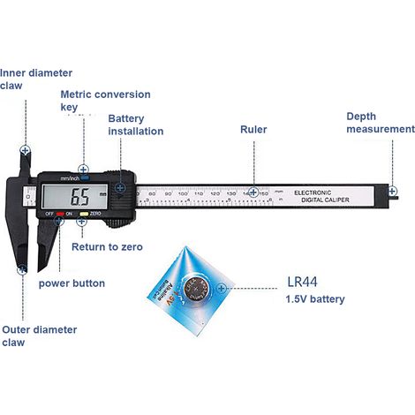 Digitaler Messschieber 0-6 Zoll/0-150 mm Umrechnung mit großem LCD-Display, elektronischer Nonius-Messschieber aus Kunststoff, Messwerkzeug (1/5)