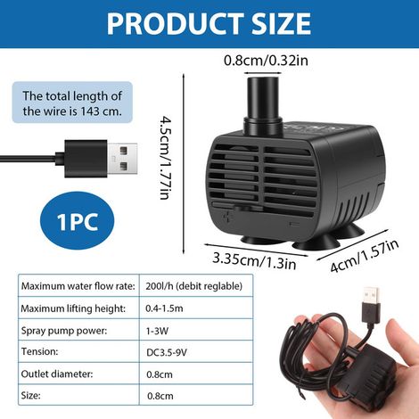 Pompe à Eau Submersible USB Mini Pompe d'Aquarium Réglable 200L/H pour Fontaine Bassin et Aquarium