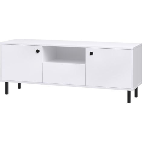 Meuble TV Venus, blanc, pieds noirs, Armoire TV