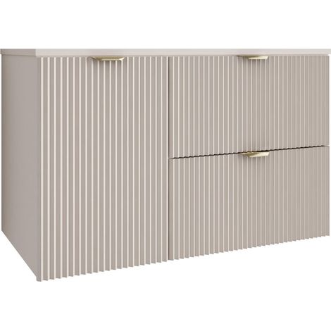 Mobile bagno con frontale scanalato 100 cm (60+40) con cesto portabiancheria, cashmere, con maniglia oro, 100 x 47 x 60 cm (1/5)