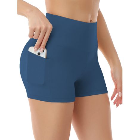 Short de yoga pour femme, poches latérales avec poche pour téléphone, taille haute, idéal pour le yoga et le fitness, pantalon de sport, sous-vêtement, bleu multicolore (1/4)