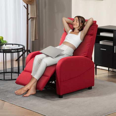 Fauteuil inclinable manuel avec repose-pieds, revêtement en tissu effet lin, rouge, idéal pour la chambre, le salon et la salle de séjour. (1/5)