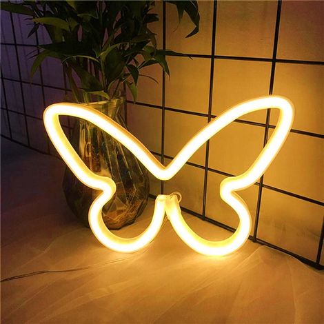 Luminaire Néon Papillon - Lumière LED Décorative Murale - Alimentation Piles AA ou USB - Pour Chambre Enfant Fête Noël Anniversaire - 23 x 16 cm (1/5)