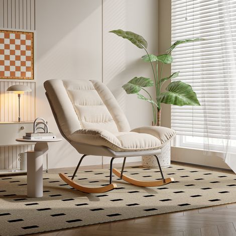 Fauteuil à bascule inclinable en tissu lin beige et gris, fauteuil relax réglable 5 positions avec dossier ajustable, coussin amovible fixé par velcro (1/5)