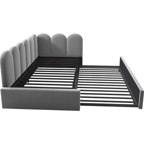 Lit banquette 90x200 cm avec lit gigogne 90x190 cm, velours gris, sommier à lattes, sans matelas (1/5)