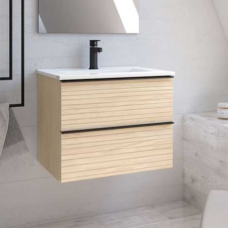 Armoire de toilette murale 80 cm avec 2 commodes en chêne clair effet strié - Elius (1/2)