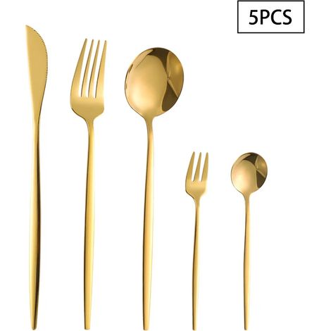 Ensemble de couverts en acier inoxydable (5 pièces, doré), adapté à plusieurs utilisateurs, compatible lave-vaisselle. (1/5)