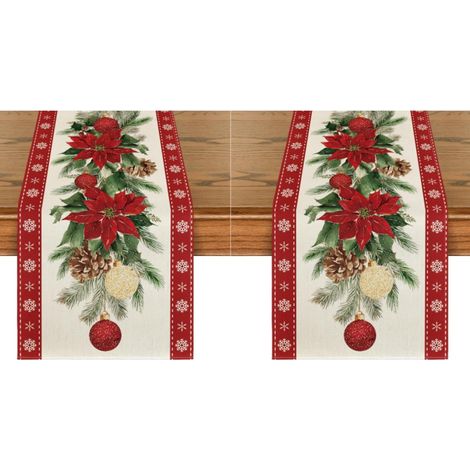 Camino de mesa navideño con flores de Pascua, decoración para el hogar y las fiestas, 33 x 183 cm, bola de Navidad con agujas de pino (2 piezas) (1/4)