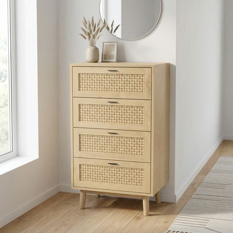 Commode à 4 Tiroirs 55x40x95cm, Chiffonnier de Rangement avec Effet Rotin Tressé, Buffet Haut Meuble de Rangement pour Salon Chambre et Cuisine, Style Scandinave Naturel, Chêne clair