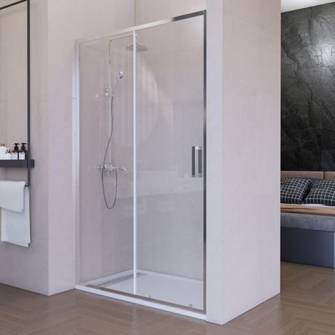 Mampara de ducha frontal corredera 165 cm 1 puerta + 1 fijo Plata cromo Cristal transparente 6 mm con perfil inferior 195 cm altura
